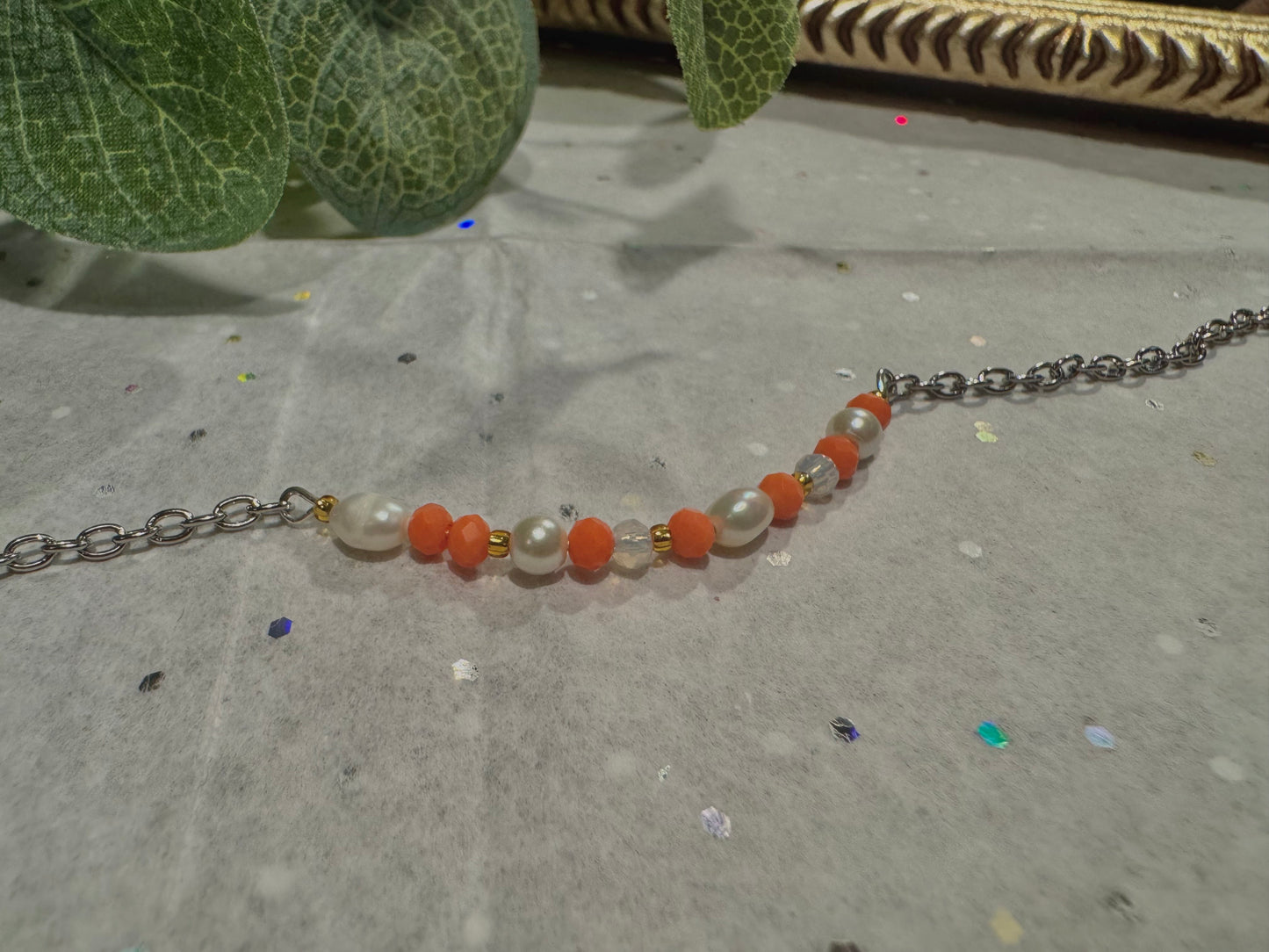 Orange & Pearl Chain Bracelet