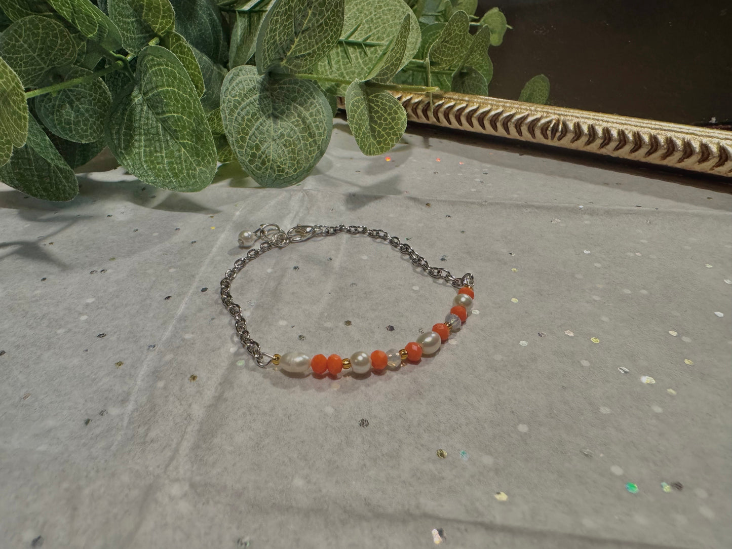 Orange & Pearl Chain Bracelet